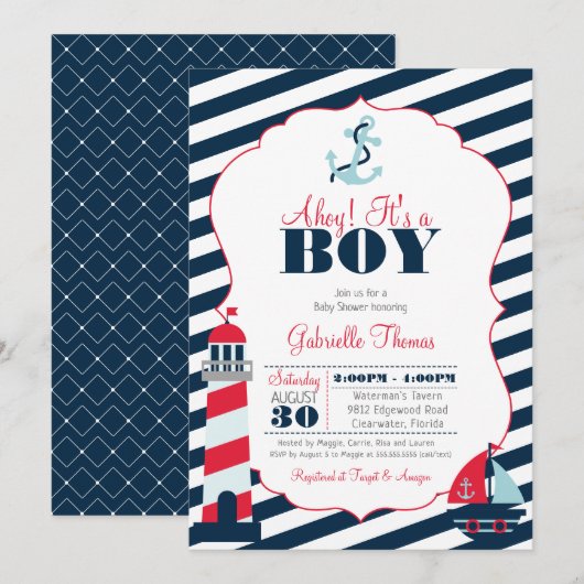Invitation Baby shower de garçons de l'Ahoy Nautical Red Navy (Devant / Derrière)