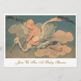 Invitation Baby shower de genre élégant pour une cigogne Vint