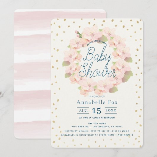 Invitation Baby shower de germe rose et or cerise (Devant / Derrière)