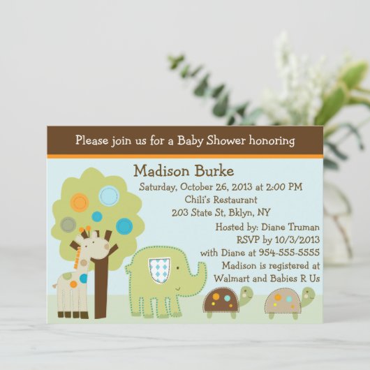 Invitation Baby shower de gigles/animaux de la jun (Debout devant)