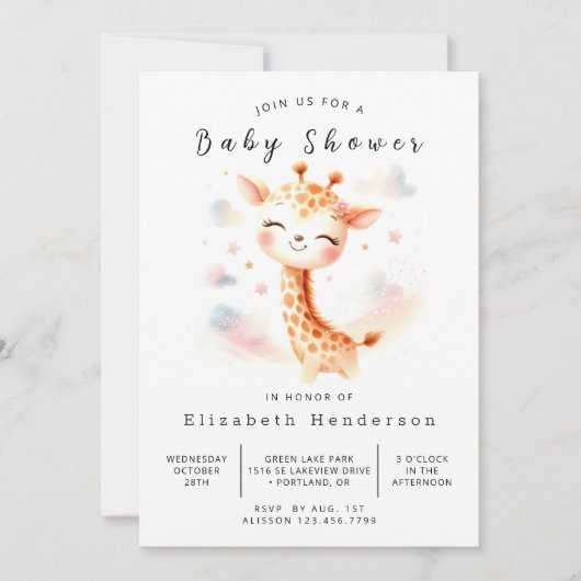 Invitation Baby shower de girafe en ligne Aquarelle (Devant)