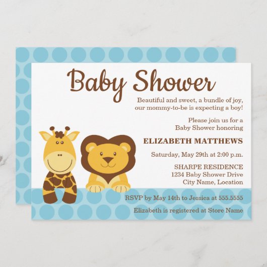 Invitation Baby shower de girafe et de lions (Devant / Derrière)