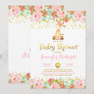 Invitation Baby shower de girafe Floral Pink & Gol