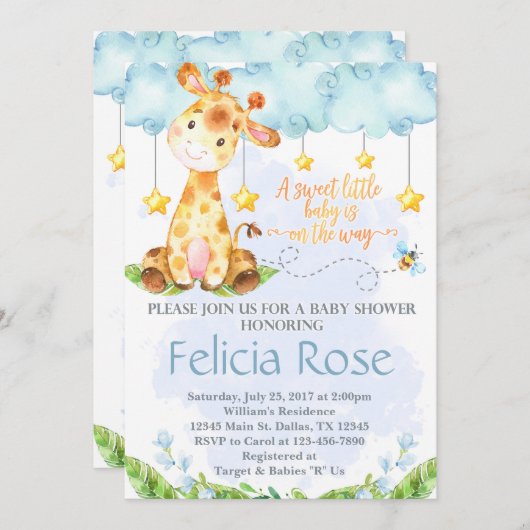Invitation Baby shower de Girafe Invitation Blue B (Devant / Derrière)