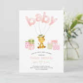 Invitation Baby shower de girafe rose Safari Jungle (Debout devant)