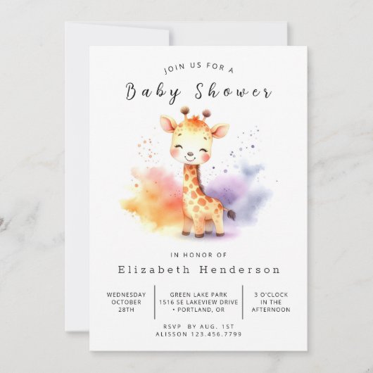 Invitation Baby shower de Giraffe éditable Pastel (Devant)