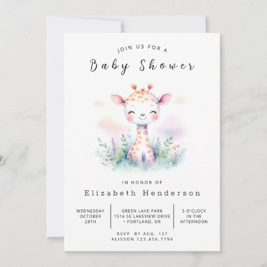 Invitation Baby shower de Giraffe éditable Pastel (Devant)