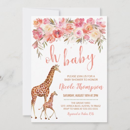 Invitation Baby shower de Giraffe Florale Rose (Devant)