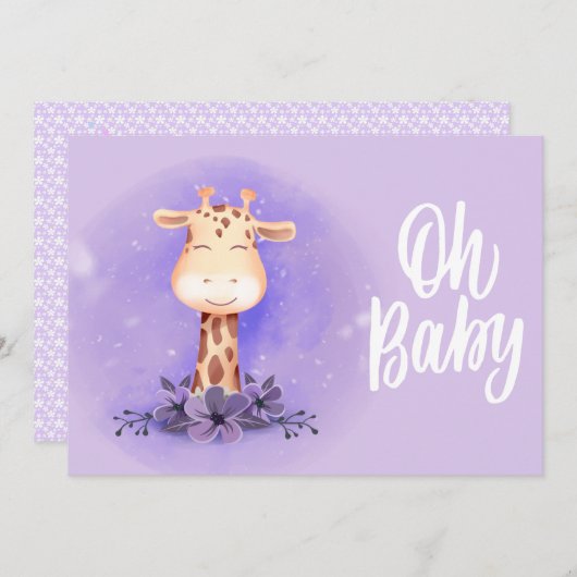 Invitation Baby shower de Giraffe mignonne violet (Devant / Derrière)