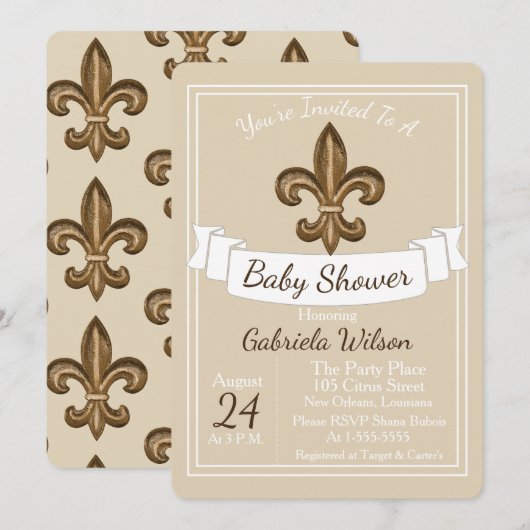 Invitation Baby shower de Golden Fleur de Lis Neutral de (Devant / Derrière)