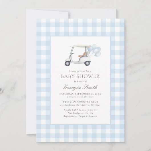 Invitation Baby shower de golf Blue En vichy (Devant)