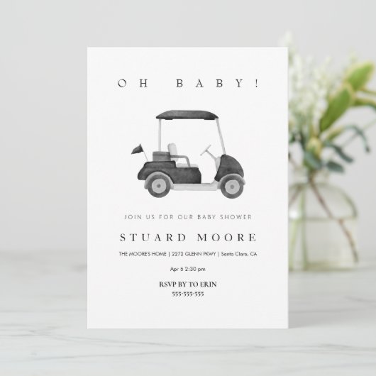 Invitation Baby shower de golf miniature moderne Oh baby Blac (Debout devant)