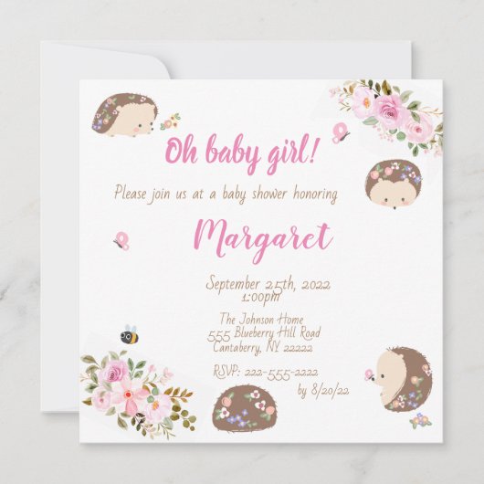 Invitation Baby shower de hérisson pour bébé fille (Devant)