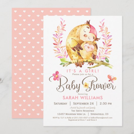 Invitation Baby shower de hibou, fille (Devant / Derrière)