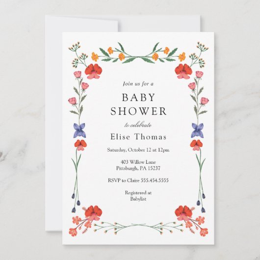 Invitation Baby shower de jardin botanique fleur sauvage (Devant)