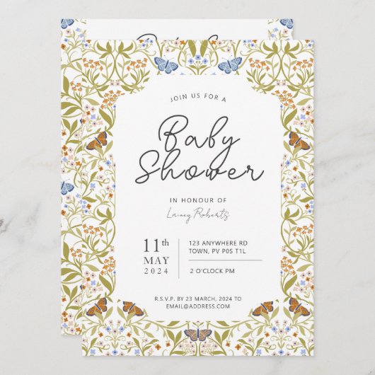 Invitation Baby shower de jardin enchanté de papillon lunaire (Devant / Derrière)