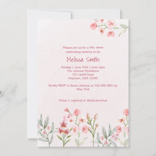 Invitation Baby shower de jardin Fleur sauvage ros (Devant)