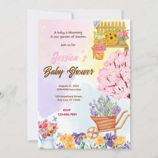 Invitation Baby shower de jardin fleurissant (Devant)