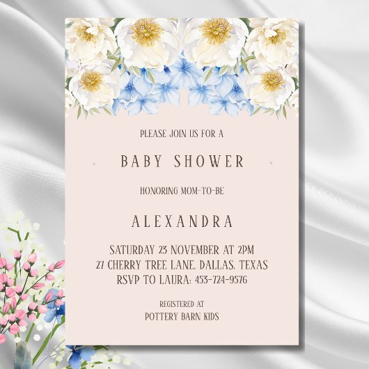 Invitation Baby shower de jardin Floral Blanc bleu Hydrangea
