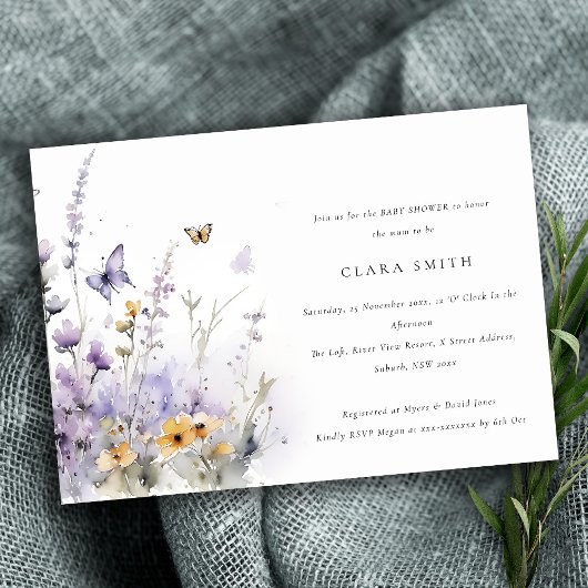 Invitation Baby shower de jardin papillon Lilac Fleur sauvage