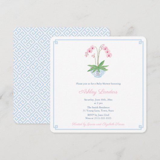 Invitation Baby shower de jarre à orchidée rose bleu Preppy (Devant / Derrière)