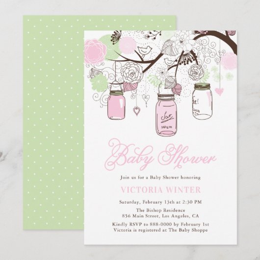 Invitation Baby shower de jarres de mason rose et vert menthe (Devant / Derrière)