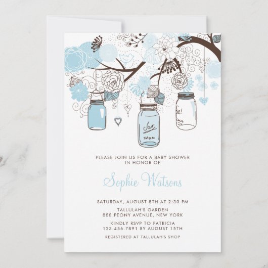 Invitation Baby shower de jarres et de fleurs en Mason bleu c (Dos)