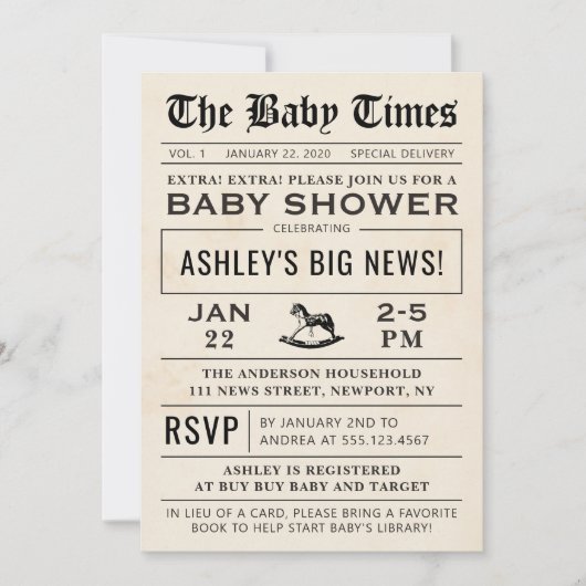 Invitation Baby shower de journal (Devant)