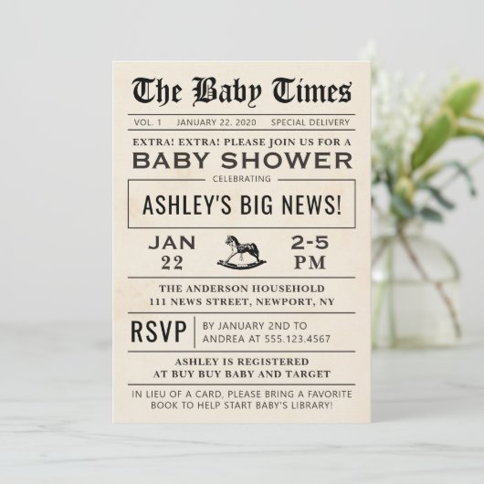 Invitation Baby shower de journal (Debout devant)