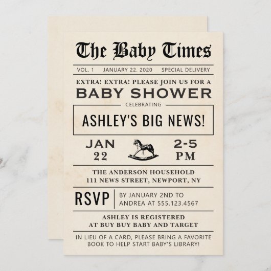 Invitation Baby shower de journal (Devant / Derrière)