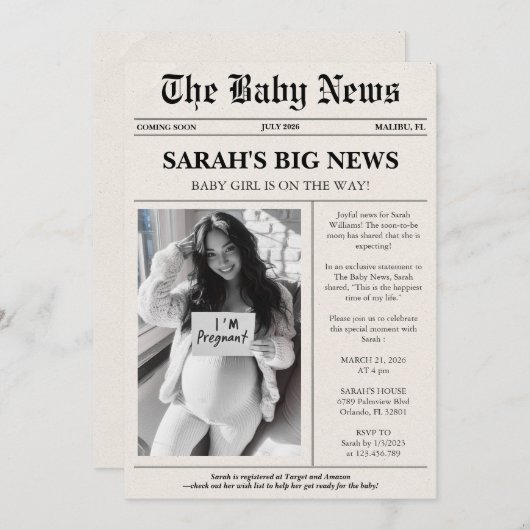 Invitation Baby shower de journal photo moderne (Devant / Derrière)