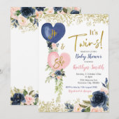 Invitation Baby shower de jumeaux Marine & Blush B (Devant / Derrière)
