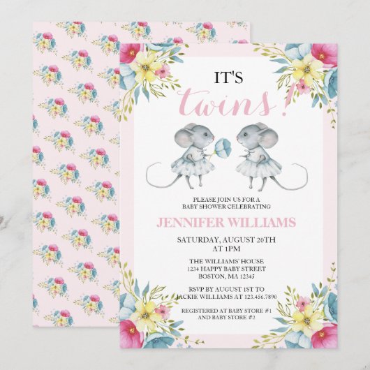 Invitation Baby shower de jumeaux rose neutre pour filles et  (Devant / Derrière)