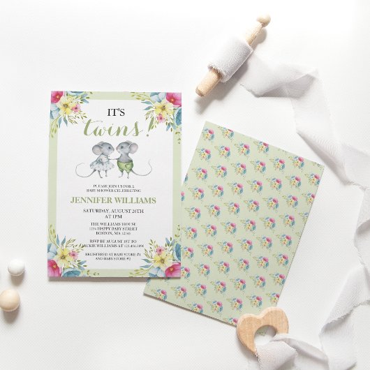 Invitation Baby shower de jumeaux vert pour garçons et filles