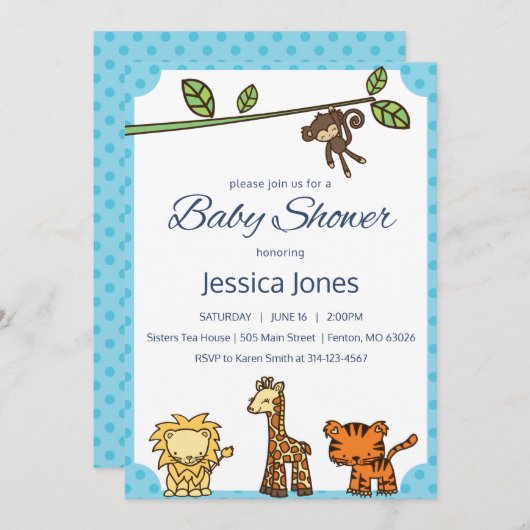 Invitation Baby shower de Jungle Animaux (Devant / Derrière)