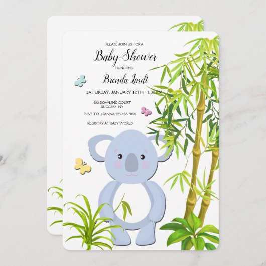 Invitation Baby shower de Koala (Devant / Derrière)