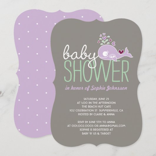 Invitation Baby shower   de la baleine Lilac Twin  (Devant / Derrière)