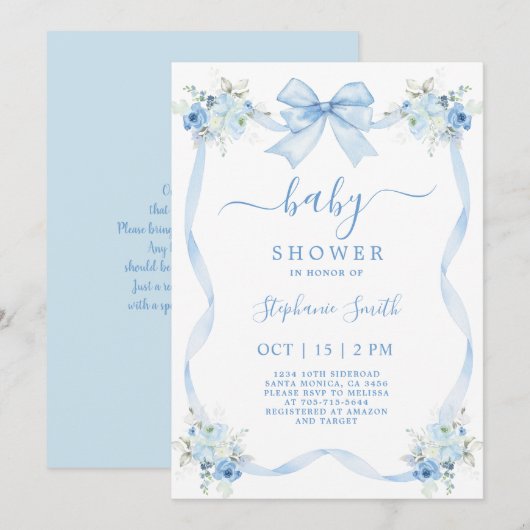 Invitation Baby shower de la ceinture bleue (Devant / Derrière)