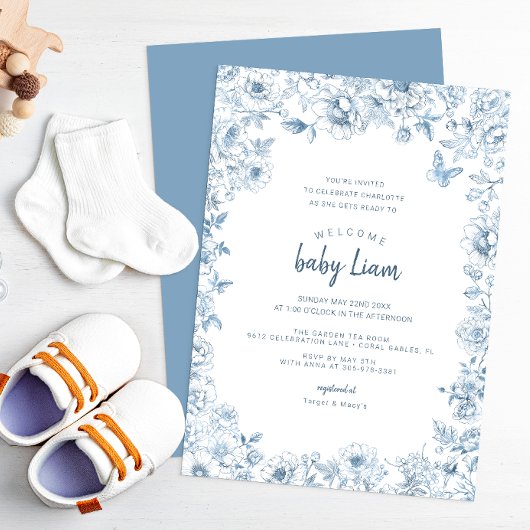 Invitation Baby shower de la Chinoiserie bleue pou