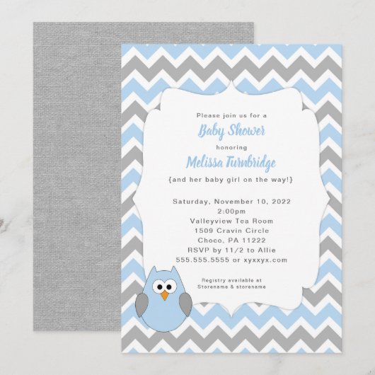 Invitation Baby shower de la Chouette Bleue Invitation, petit (Devant / Derrière)