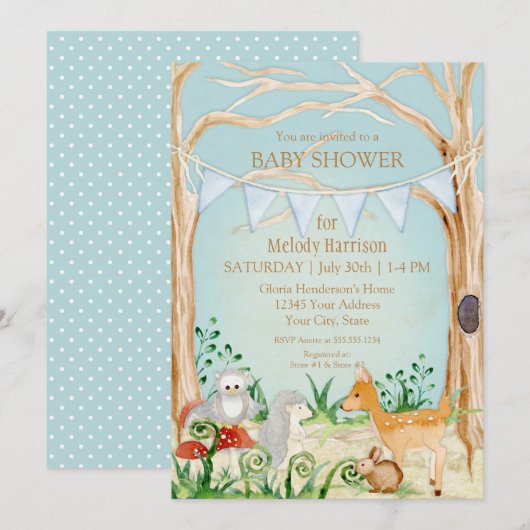 Invitation Baby shower de la chouette de lapin de renard de c (Devant / Derrière)