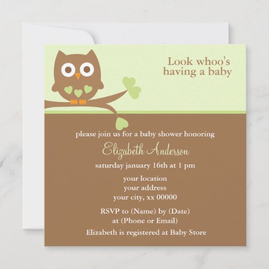 Invitation Baby shower de la chouette verte (Devant)