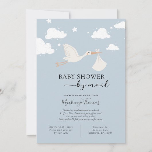 Invitation Baby shower de la cigogne bleue par courrier (Devant)