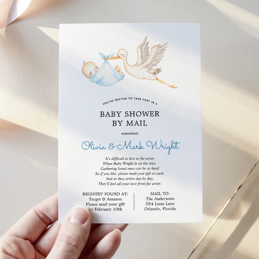Invitation Baby shower de la cigogne bleue par courrier