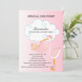Invitation Baby shower de la cigogne rose (Debout devant)