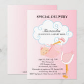 Invitation Baby shower de la cigogne rose (Devant / Derrière)