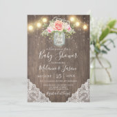 Invitation Baby shower de la dentelle Mason Jar aux fleurs ro (Debout devant)