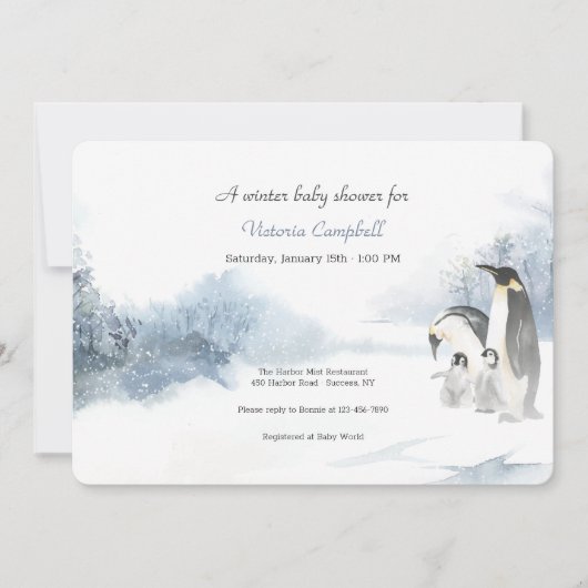 Invitation Baby shower de la famille Penguin (Devant)