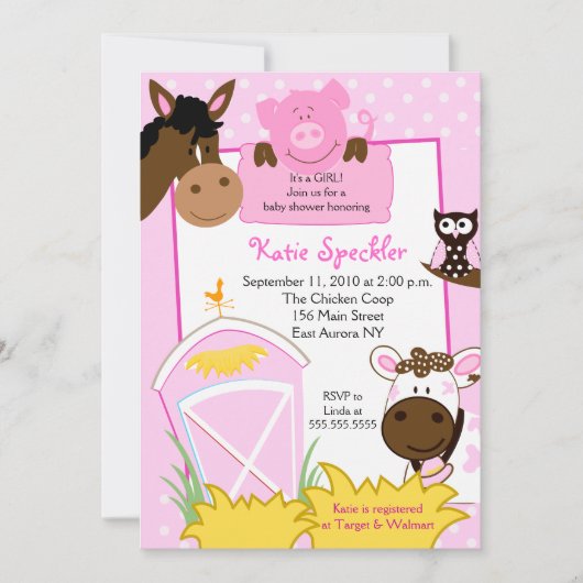 Invitation Baby shower de la ferme pour filles ros (Devant)