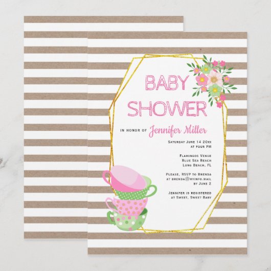 Invitation Baby shower de la fête du thé à fleurs rustique en (Devant / Derrière)
